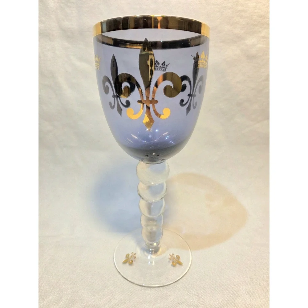 Fleur de Lis Goblet Smoky Gray Glass Gold Black Crown Bubble Stem 8